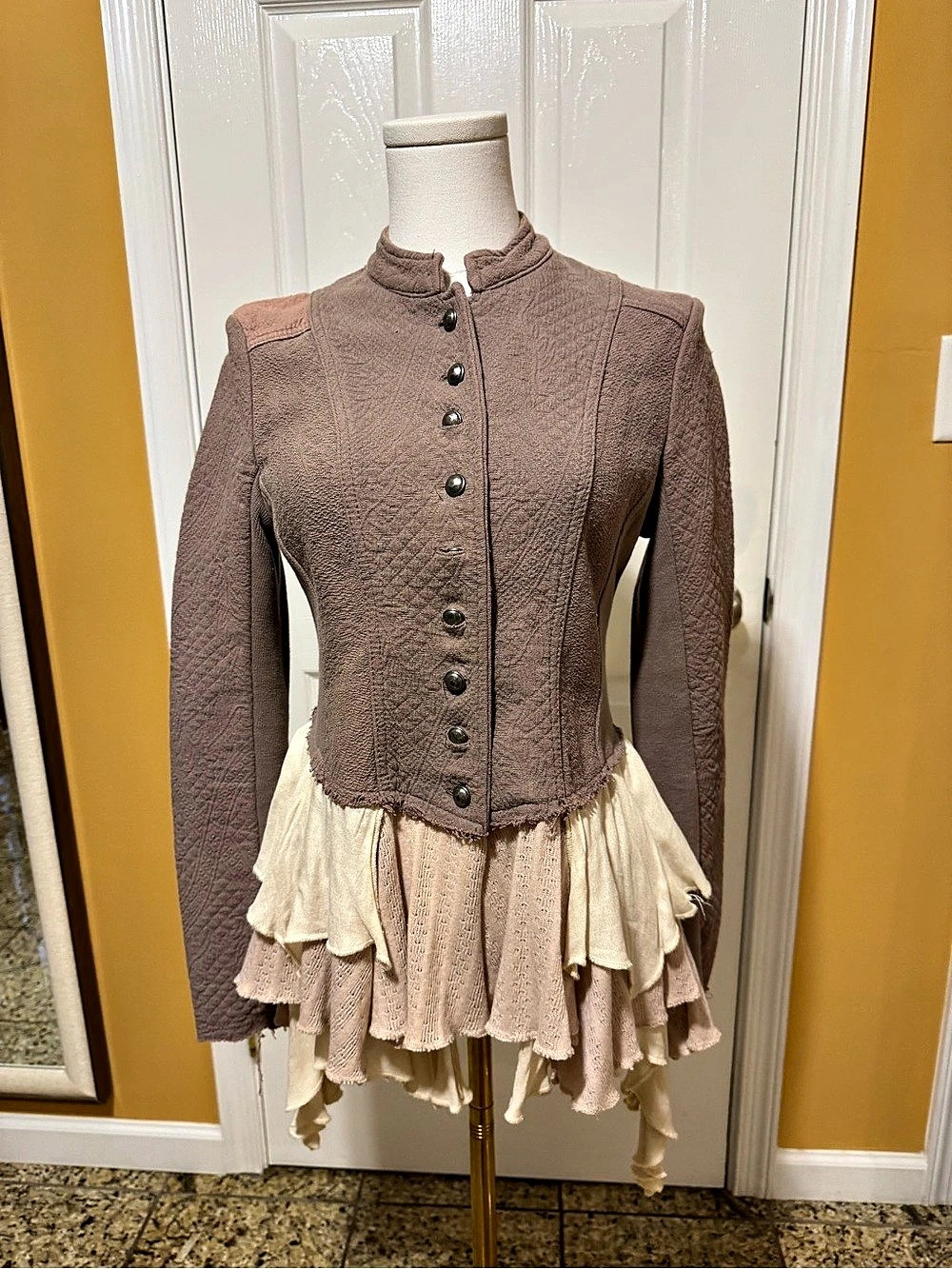 Free People Ruffles Romance Jacket Brown & Cream Size 2 with CALL OUT